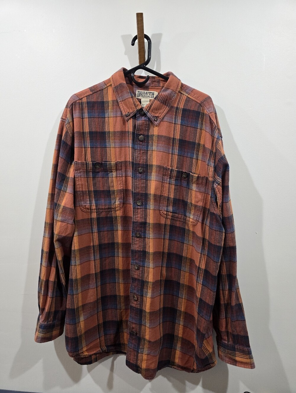 Duluth Trading 2XL Tall Orange & Blue Plaid Flannel Shirt Layered